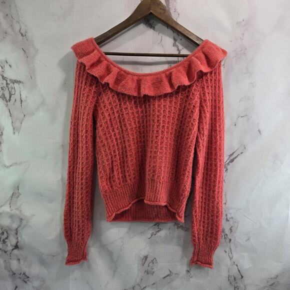 By Anthropologie Sweater Women Small Salmon Coral Wool Ruffle Off Shoulder - Picture 5 of 12